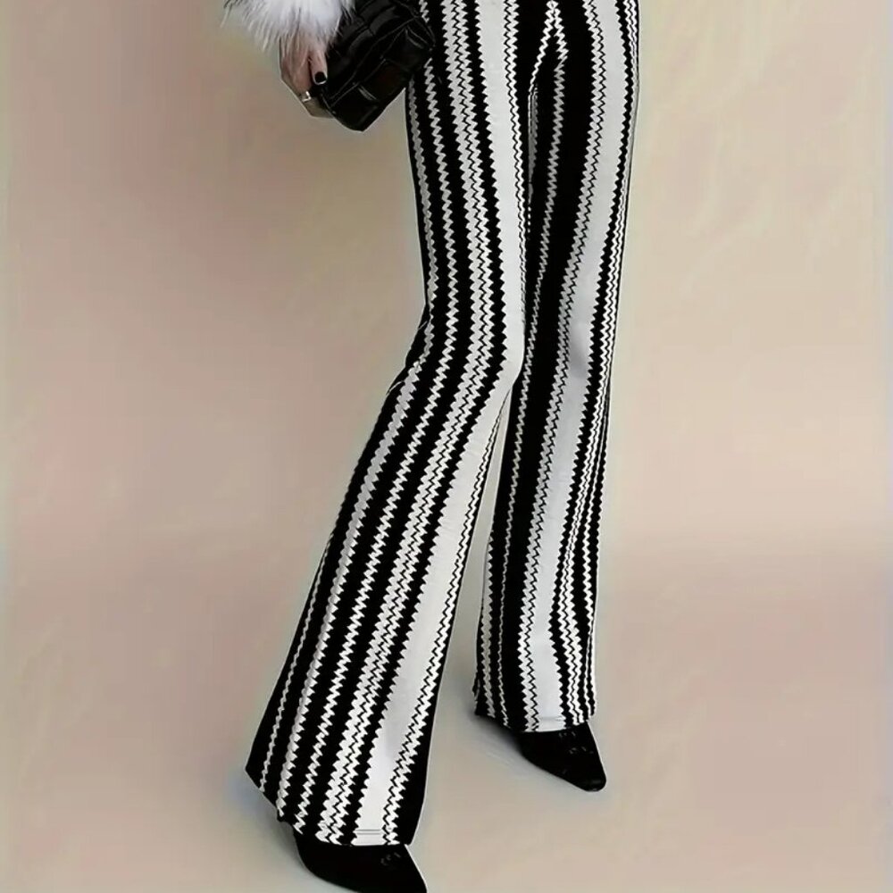 Vertical ZigZag Stripes Wide Leg Flared Pants Black White - Picture 3 of 8